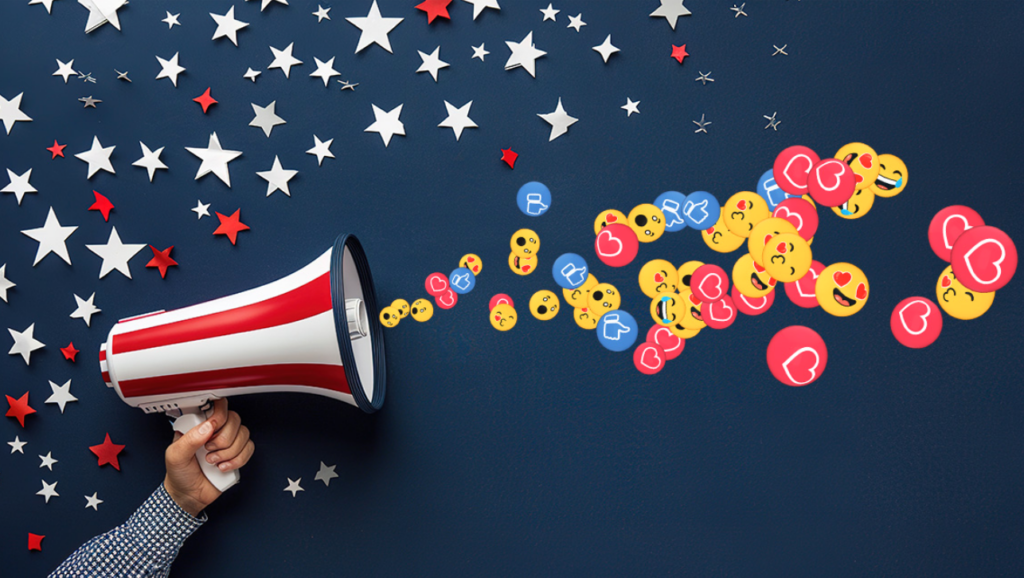 Person holding red and white megaphone with social media likes and hearts